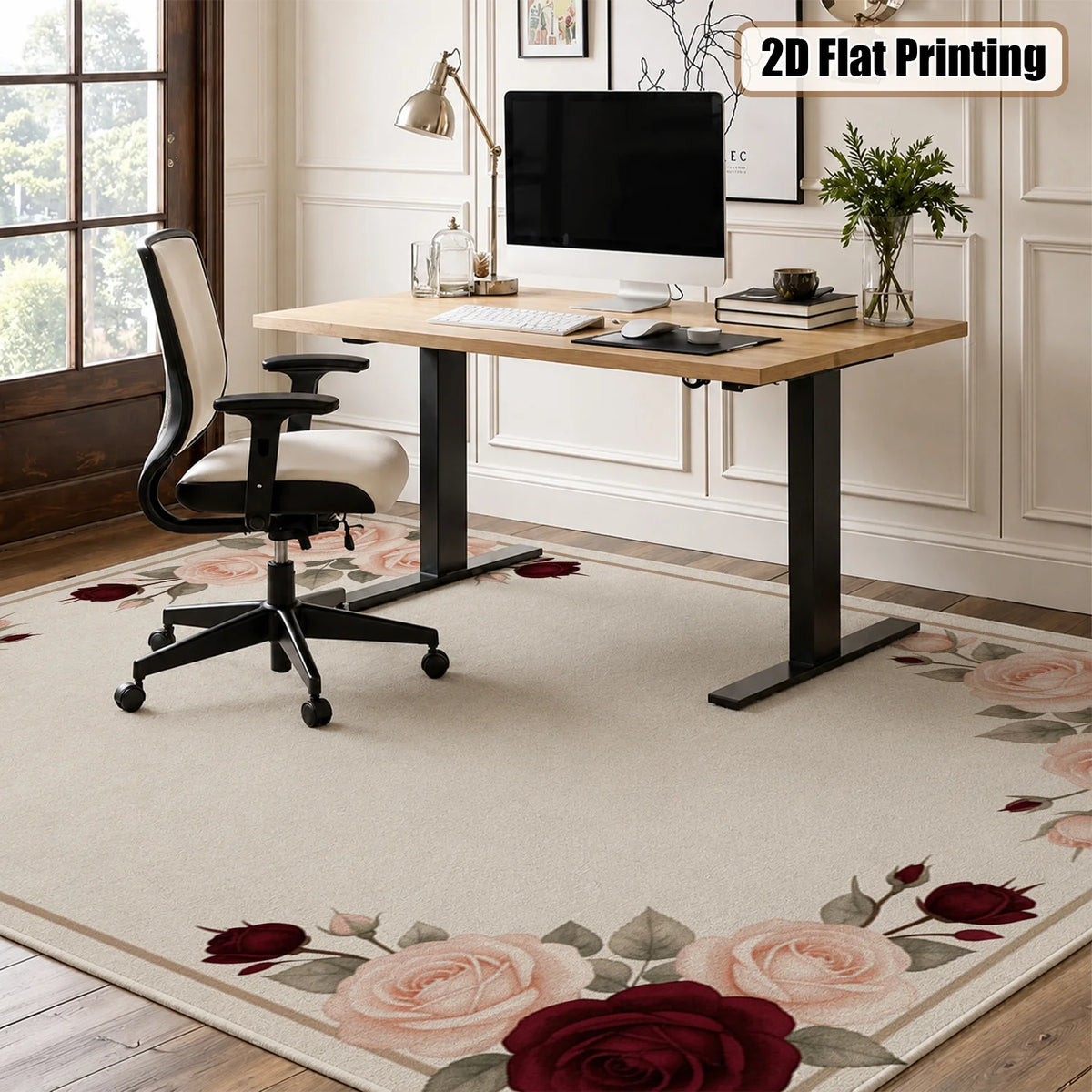 Burgundy Rose Border Washable Area Rug