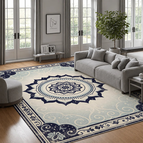 Vintage Blue Mandala Washable Area Rug