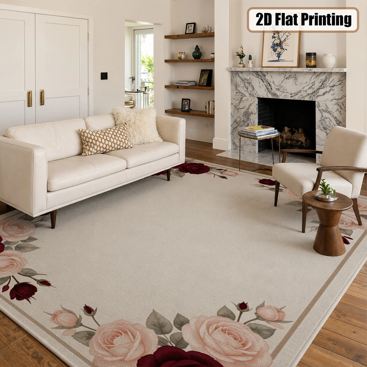 Burgundy Rose Border Washable Area Rug