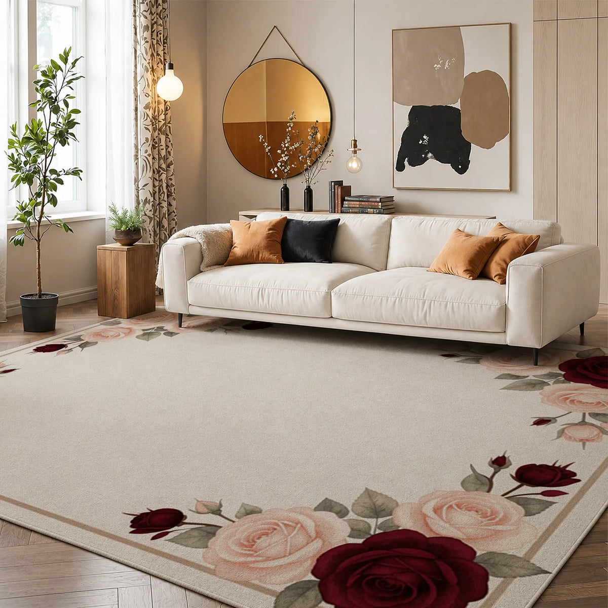 Burgundy Rose Border Washable Area Rug