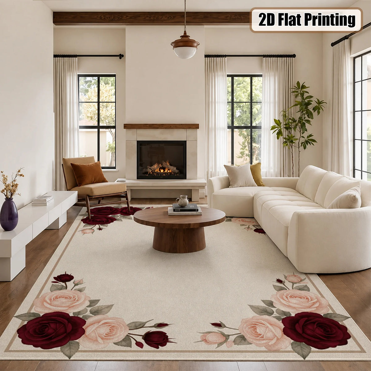 Burgundy Rose Border Washable Area Rug