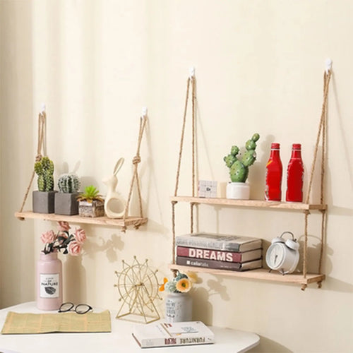 Hanging Rope Wooden Wall Shelves