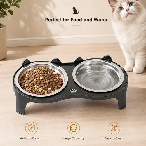 Stainless Steel Double Pet Bowls with Anti-Tip Stand